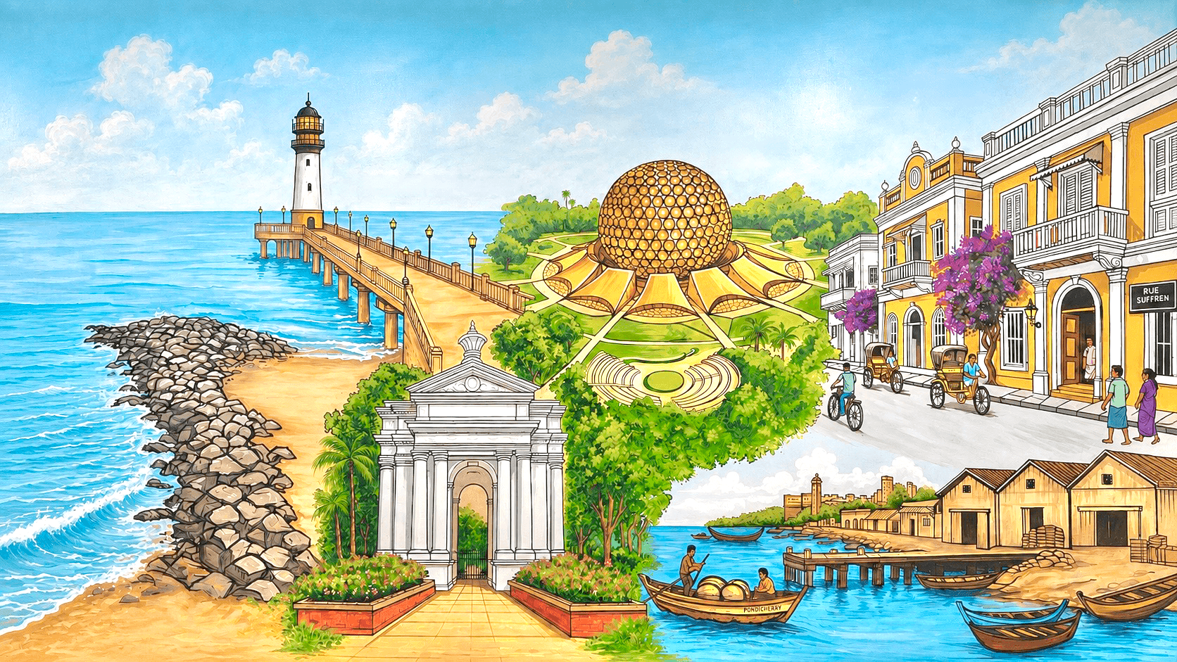 An illustrated view of Pondicherry landmarks
